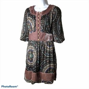 𝅺theme Anthropologie Boho Velvet Trim Paisley Print Dress